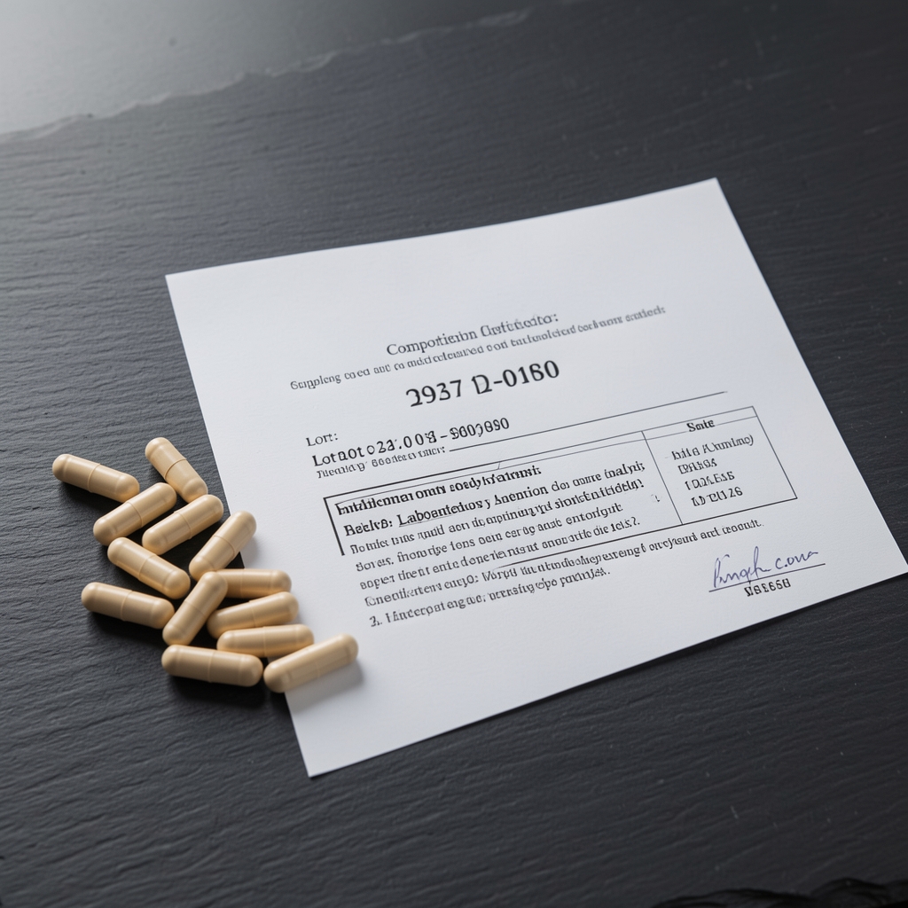 Fornex Zinc Magnesium Complex supplement capsules displayed on a dark slate surface alongside a printed composition certificate with lot number and laboratory analysis summary